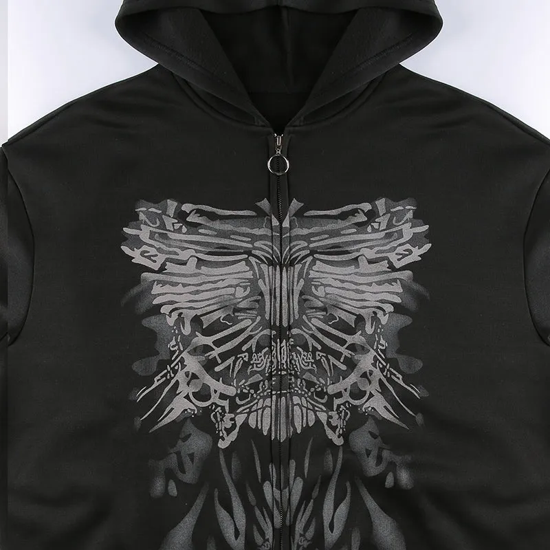 Black Grunge Print Zip Hoodie