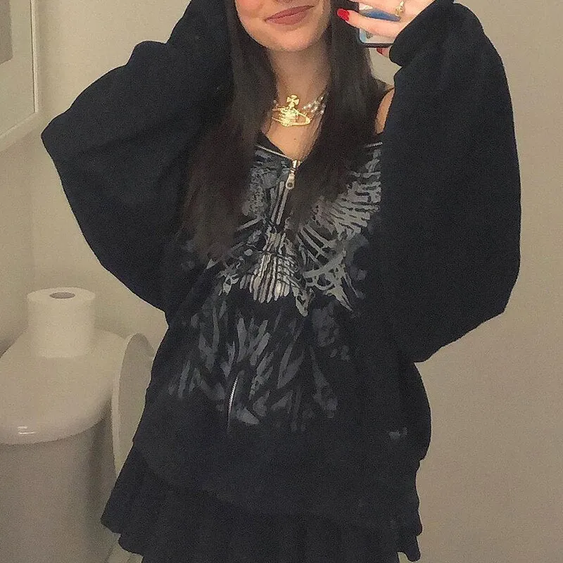 Black Grunge Print Zip Hoodie